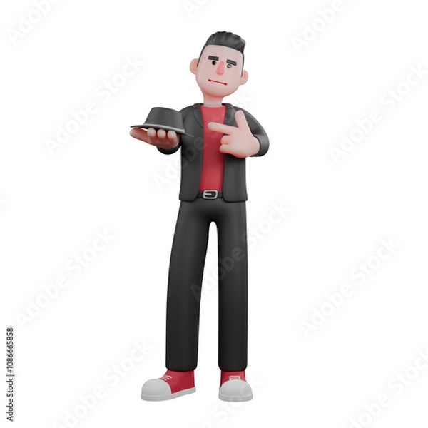 Fototapeta 3D Cartoon Choreographer. A male choreographer stands with his right hand carrying a Chaplin hat and his left hand pointing at the hat. Animated Dance Creator