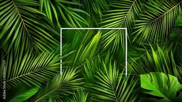 Fototapeta A vibrant arrangement of green palm leaves with a blank frame for customization.