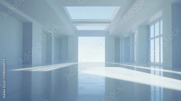 Fototapeta Spacious vacant room with expansive white walls and glossy white floor, featuring large windows and abundant natural light streaming through.