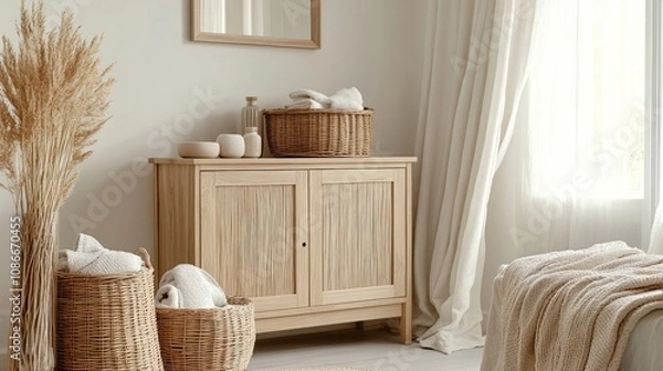 Fototapeta A well-organized modern living area with a polished wooden cabinet, rattan baskets, and a soft throw blanket nearby
