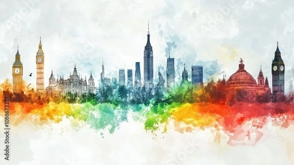 Fototapeta Vibrant Watercolor Cityscape Featuring Iconic Landmarks from Multiple Cities in a Colorful Abstract Style, Perfect for Artistic and Travel-Themed Projects