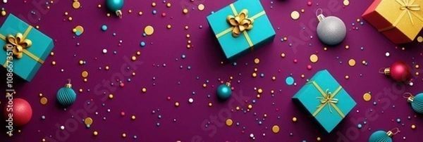 Obraz Simple festive icons scattered on Plum Purple background with Bright Gold, Teal Blue, and Cherry Red and accents of Charcoal Gray shadows and Light Gray emboss 