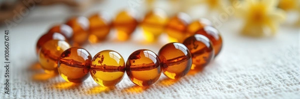 Fototapeta A close-up of a bracelet made of amber beads on a white background.