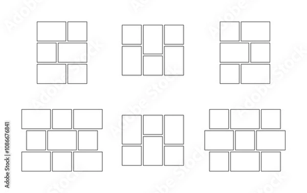 Fototapeta Frame collage from square and rectangle shape for photo, image template line set. Mood board layout, background. Gallery grid, mosaic puzzle border. Vector outline illustration