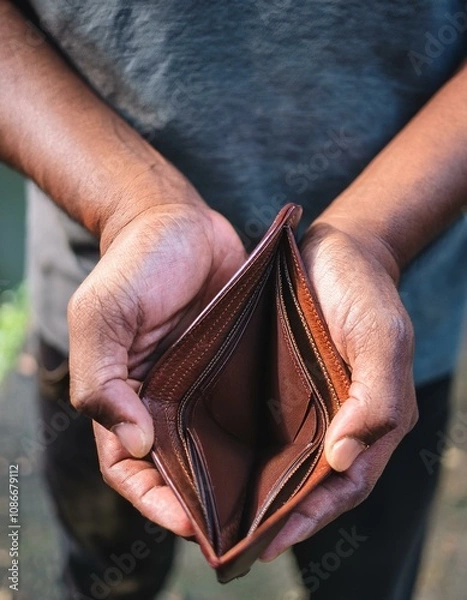 Fototapeta Empty wallet (no money) in the hands of an man. Cost control expenses poverty in concept