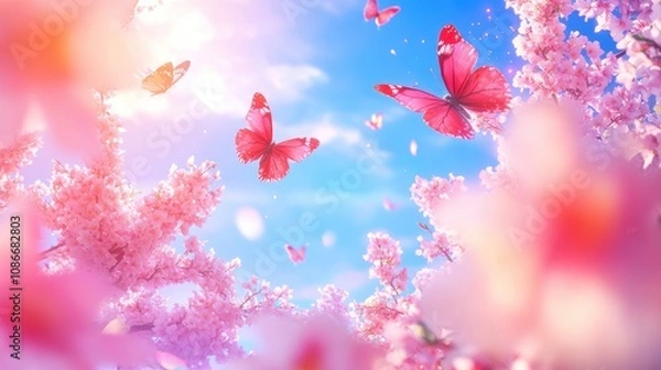Fototapeta Dreamy spring scene of pink cherry blossoms and fluttering butterflies against a bright blue sky, featuring ample soft focus for artistic designs.