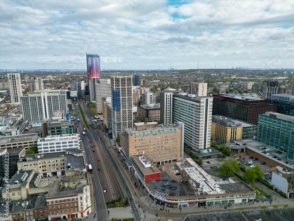 Fototapeta Buildings at West Croydon London Capital City Tour. Central London of England of UK. Aerial Footage Was Captured with Drone's Camera on April 24th, 2024