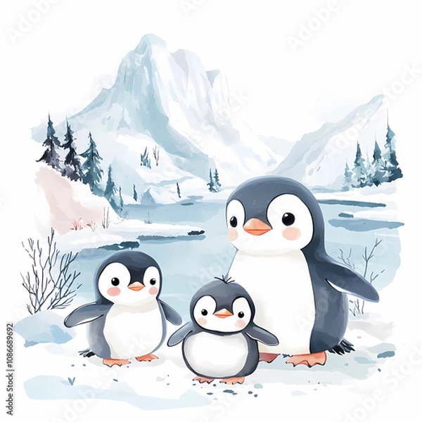 Obraz Adorable Penguin Family: Heartwarming Family Scene for Kids' Rooms and Storybook Projects, generated ai