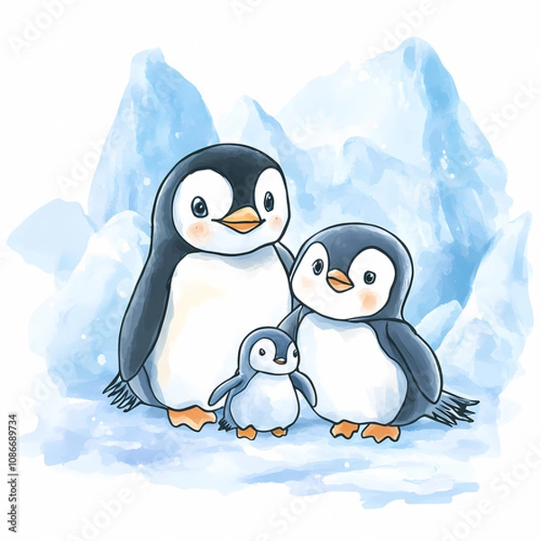 Obraz Adorable Penguin Family: Heartwarming Family Scene for Kids' Rooms and Storybook Projects, generated ai