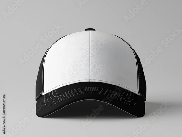 Fototapeta Black baseball cap with black patch for your logo. Mockup. A blank for the work of a designer. Isolate on a white background. Accessory for athletes, baseball players, bikers, rockers.