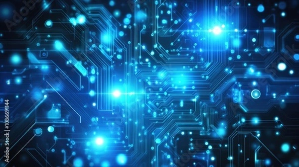 Obraz Abstract blue technology background featuring glowing light effects with intricate circuit patterns and vibrant luminescent dots.
