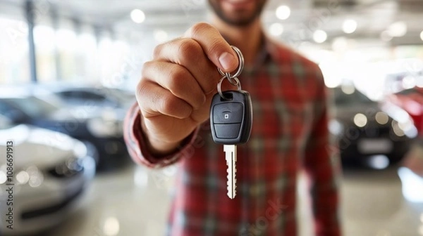 Fototapeta smiling man holding car key in a dealership, with new cars in the background, concept of purchasing a vehicle
