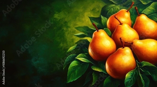 Fototapeta Cluster of ripe oriental pears nestled among lush green leaves with a rich, colorful background enhancing their golden hue