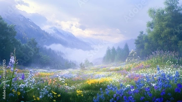 Fototapeta Expansive meadow filled with vibrant spring flowers, enveloped in gentle morning mist, framed by distant mountains and lush greenery