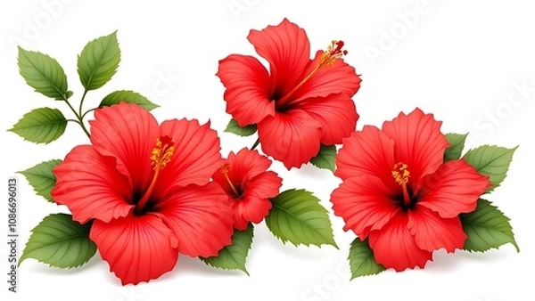 Fototapeta Set of tropical red hibiscus flowers isolated on white background