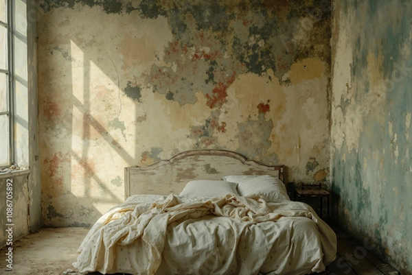 Fototapeta A bed in an abandoned room with peeling paint on the walls
