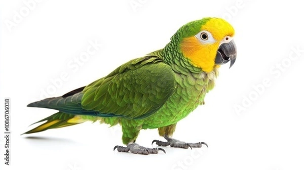 Obraz Green Parrot with Yellow Head on White Background