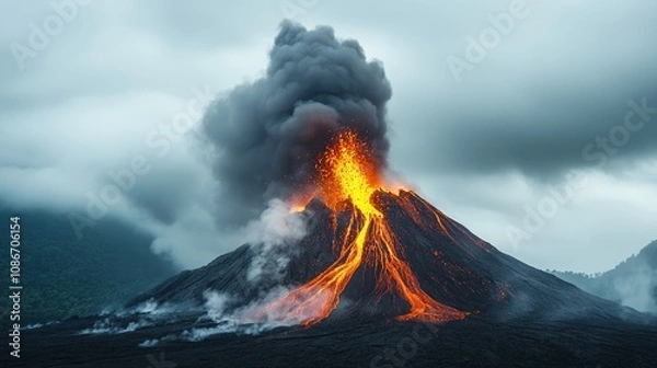 Fototapeta A fiery volcano erupts with lava and smoke billowing into the cloudy sky.