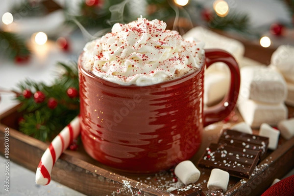 Fototapeta A festive red mug filled with steaming hot cocoa, topped with whipped cream and red sprinkles, surrounded by marshmallows, candy canes, and chocolate pieces.
