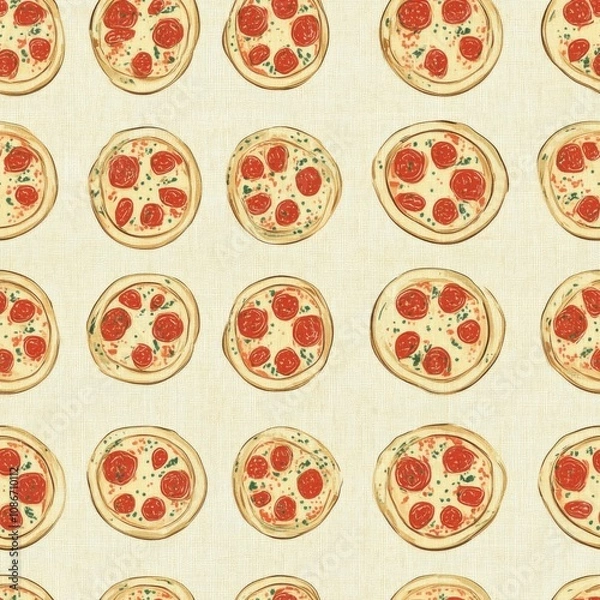 Obraz Vintage pizza pattern on vintage beige fabric background, seamless repeating pattern, textile print style, minimal, pizza dish design, seamless pizza pattern, home decor, textiles