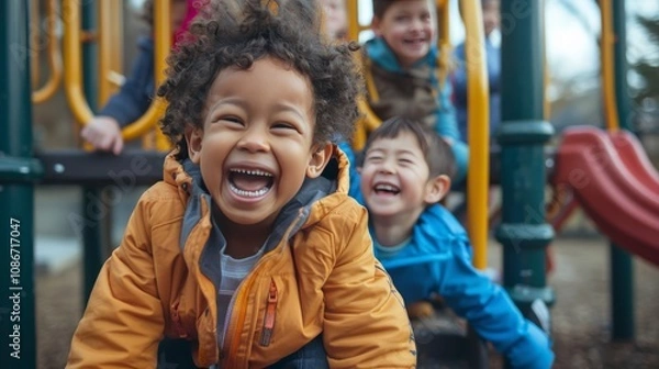 Fototapeta A group of children playing and laughing on a playground, enjoying the freedom and joy of childhood
