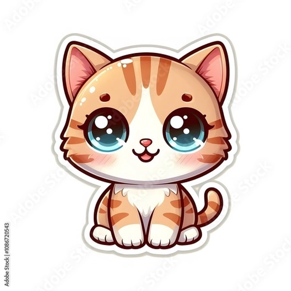 Fototapeta AI Generate of Sticker Kitten or Cat Cub in cartoon style with a happy expression, isolated in white background