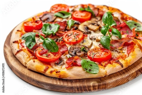 Fototapeta Canadian Pizza or Regina with Bacon, Tomatoes, Boletus Mushrooms, Fresh Basil, Tomato Sauce