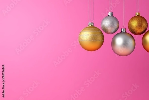 Fototapeta Row of Christmas ornaments hanging from a string. The ornaments are gold and silver