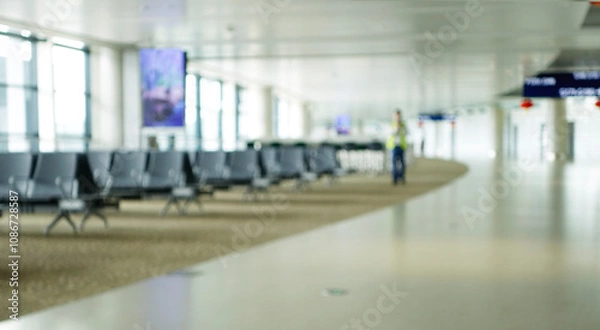 Obraz BLURRED OFFICE BACKGROUND, MODERN BUSINESS HALL WITH LIGHT REFLECTONS ON THE FLOOR,abstract blur in airport for background.
