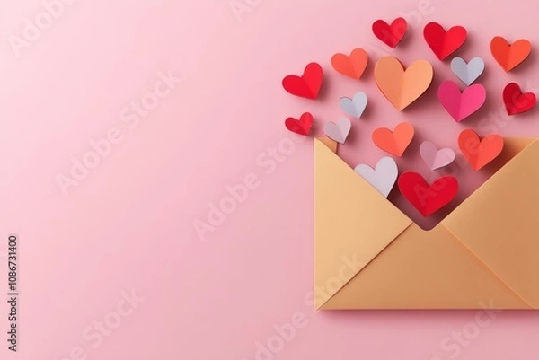 Obraz Large envelope is filled with paper hearts. The envelope is on a pink background. The hearts are of different colors and sizes. Concept of love and affection