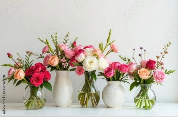 Fototapeta collection of beautiful flower bouquets in various vases. Space for text to advertise floral design workshops or bouquet delivery services