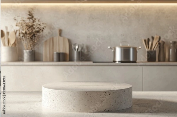 Obraz Small, round product podium in the foreground with a modern kitchen setup in the background, ideal for clean and minimalistic product displays.