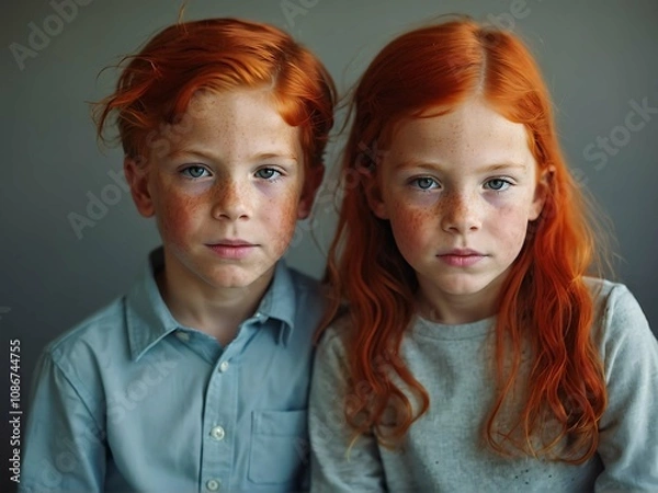 Fototapeta Red-haired curly boy and girl twins. Portrait