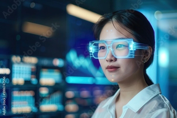 Fototapeta Focused young woman wearing holographic augmented reality glasses, analyzing digital financial data and charts in a futuristic setting, symbolizing advanced technology and innovation.