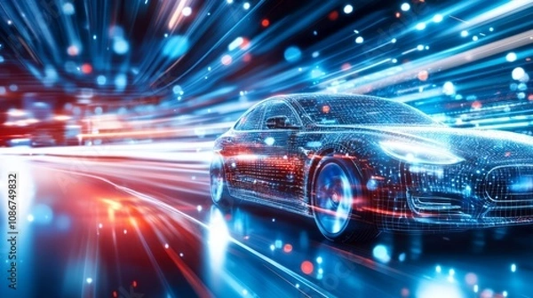 Fototapeta Futuristic car in motion with digital wireframe design and glowing neon lights