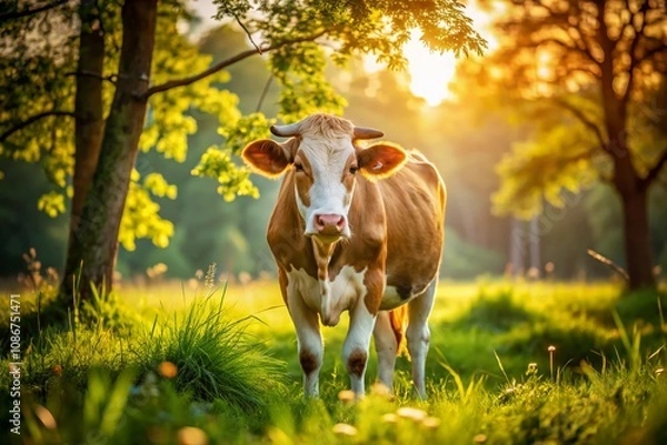 Fototapeta Candid Photography of a Lovely Cow Grazing in a Serene Pasture, Capturing the Beauty of Nature and Farm Life with Soft Lighting and Vibrant Greenery