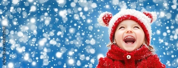Fototapeta Little girl joyfully laughing in the snow with falling snowflakes, wearing a cozy red winter coat and hat in a beautiful winter wonderland