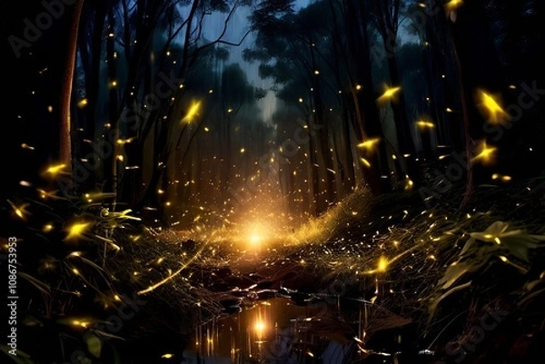 Fototapeta fireflies a swarm of fireflies descending in a mesmerizing twink