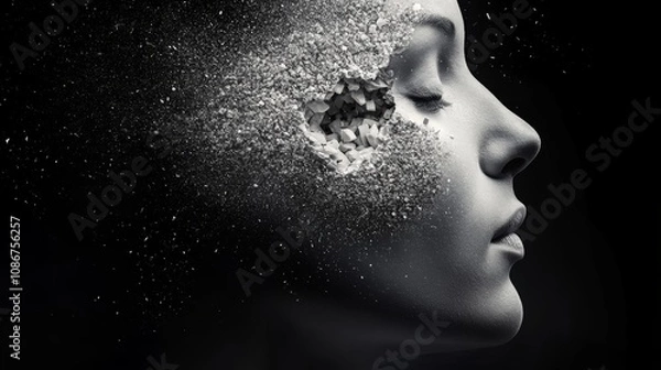 Fototapeta Conceptual art, woman's face with fragmented brain depicting mental health, cognitive impairment, and psychological challenges