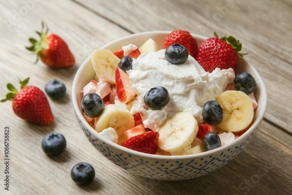 Obraz Quark dish with fruits- a bowl of fruit salad with cottage cheese. The fruit salad contains apple, banana, strawberries, and blueberries