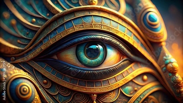 Fototapeta Captivating Egyptian Eye with Intricate Details Against a Vivid Background, Showcasing Ancient Symbolism and Mystique, Perfect for Art and Culture Enthusiasts