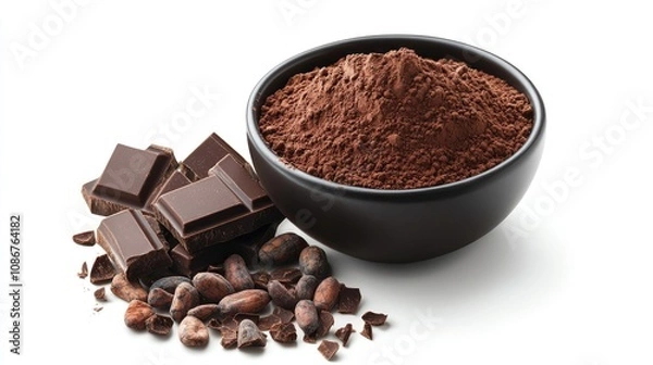 Fototapeta A bowl of cocoa powder with dark chocolate pieces and cocoa beans, showcasing rich textures and earthy tones.
