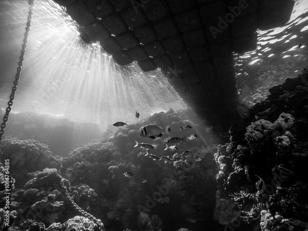 Fototapeta Light shimmering under the water under a boat stake pier with many tropical fishes fish in the Red Sea in Egypt. Surreal sight of a coral reef while Scuba Diving