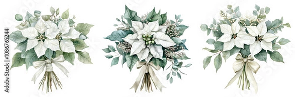Fototapeta  Set of bouquet of white poinsettia, tied with ribbon, eucalyptus, gum leaves, sage green, watercolor, isolated on a transparent background