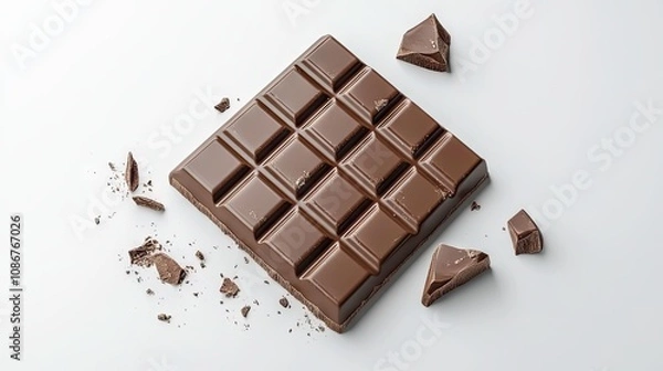 Fototapeta A delicious chocolate bar with some pieces broken off, resting on a light background.