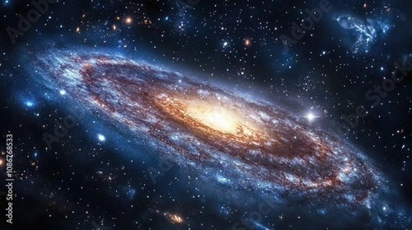 Fototapeta A stunning spiral galaxy illuminated by a warm core, surrounded by a sea of stars and cosmic dust.
