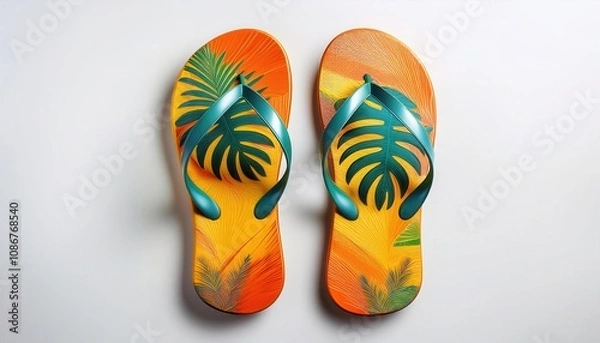 Fototapeta Vibrant flip flops with tropical leaf designs for summer vibes.