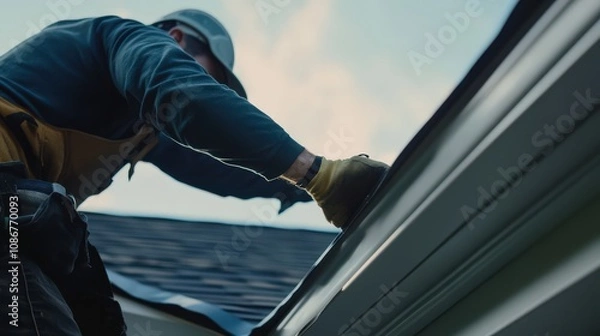 Fototapeta A worker focuses on installing a state-of-the-art gutter system on a house, contrasted against cloudy blue skies, showcasing technology and dedication in roofing services.