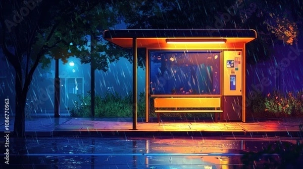 Fototapeta an empty bus stop at night, with a bench and a light on the side, and raindrops, in the style of anime