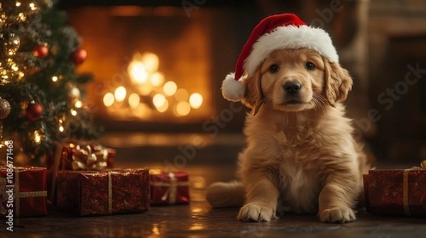 Fototapeta puppy in santa hat